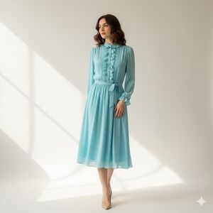 Vintage La Jones of America Blue Ruffle Chiffon Midi Dress Size 10 Cottagecore